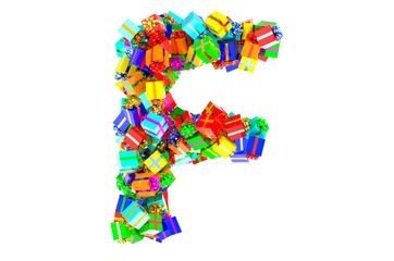 Letter F from colored gift boxes, 3D rendering