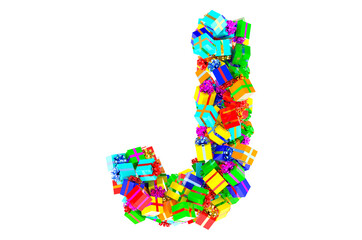 Letter J from colored gift boxes, 3D rendering