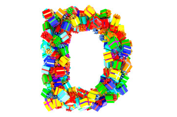 Letter D from colored gift boxes, 3D rendering