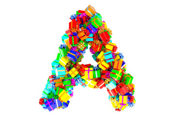 Letter A from colored gift boxes, 3D rendering