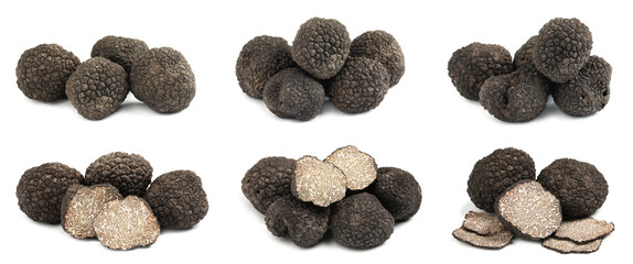 Set with expensive delicious black truffles on white background. Banner design