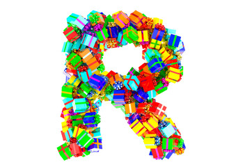 Letter R from colored gift boxes, 3D rendering
