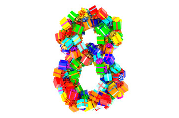 Number 8, from colored gift boxes, 3D rendering