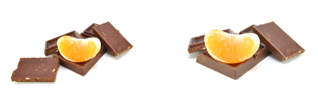 Chocolate and tangerine on white background close-up. Food, sweet, snack, cooking, delicious