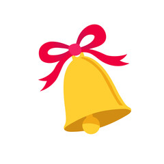 Golden bell with red bow. Vector flat illustration isolated on a white.