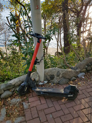 Electric scooter in the parking lot in the park. City electric scooter. Electric city transport concept. Eco-friendly city travel.