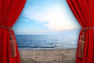 Open elegant red front curtains and picturesque seascape on background