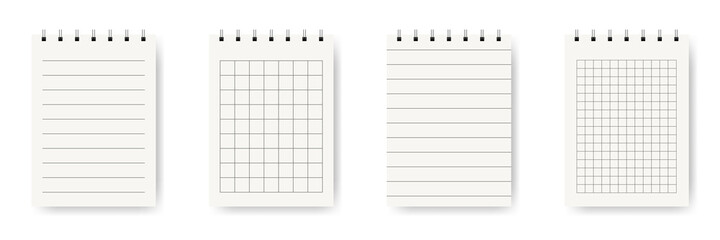 Set of paper sheets of notebook or copybook with shadow. Memo note pads or diary with lined and squared paper page templates. Vector