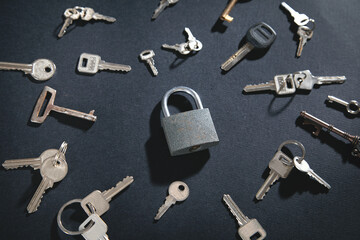 Padlock and keys on the black background.