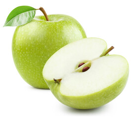 Whole green apple and a half, isolated on white background