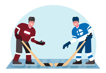 Ice hockey players. Competition between Latvia and Finland. Vector illustration in a flat style.