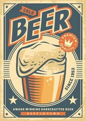 Promotional beer poster design. Retro flyer with beer glass on old paper texture. Vintage vector document template.