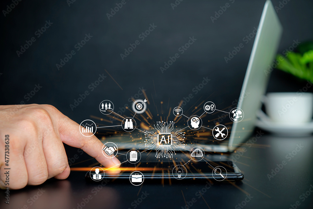 Poster technology about internet of thing concept man use smartphone with iot
