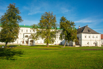 Fototapeta na wymiar Courtyard view of the 11th century Ryazan Kremlin with the Ryazan prince Oleg Ivanovich's Palace, once housed the living chambers of the Ryazan bishops, their home church, brotherly cells, Russia