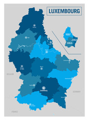 Luxembourg country political map. Detailed vector illustration with isolated provinces, departments, regions, districts, cities and states easy to ungroup.