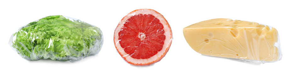 Different products wrapped with stretch film on white background, collage. Banner design