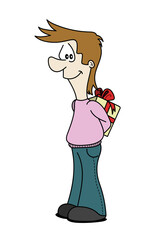 Cute smiling man standing with a hidden gift behind his back. Colourful cartoon style vector illustration isolated on white background.
