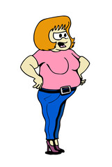 Angry annoyed fat woman character shouting with her hands on her hips. Cartoon style colourful vector illustration isolated on white background.