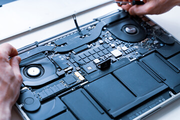 Maintenance pc. Maintenance repair engineer support. Computer technician service with laptop on hardware background. Electronic technology development concept.