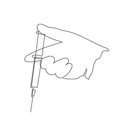 Gloved hand holding syringe, one line art, continuous drawing contour.Coronavirus vaccination, health care injection, treatment,preventive measures.Medical concept,injection dose. Editable stroke.