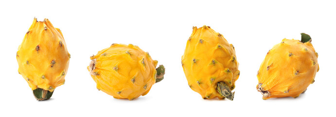 Set with delicious yellow dragon fruits (pitahaya) on white background. Banner design