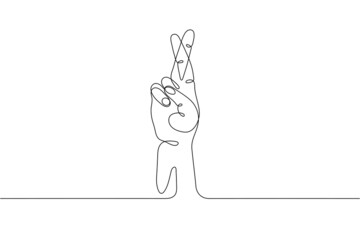 Single line drawn hand gesture,  minimalistic human hand with cross fingers, symbol of lie, on luck, superstition, wish, cheating. Dynamic continuous one line graphic vector design - obrazy, fototapety, plakaty
