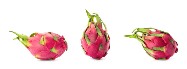 Set with delicious pink dragon fruits (pitahaya) on white background. Banner design