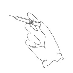 Gloved hand holding syringe, one line art, continuous drawing contour.Coronavirus vaccination, health care injection, treatment,preventive measures.Medical concept,injection dose. Editable stroke.