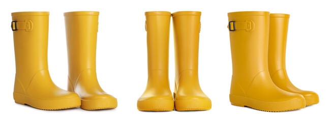 Set with yellow rubber boots on white background. Banner design