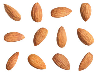 Set with tasty almonds on white background