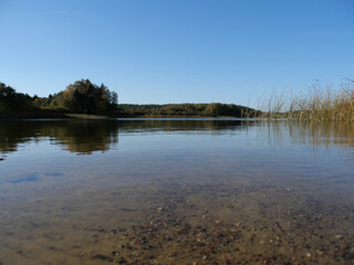 Fototapeta na wymiar Bilick auf einen im Wald liegenden Badesees in Mecklenburg Vorpommern (Obere Seen, Sternberg)