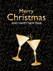 Happy New Year and Merry Christmas gold letters. Postcard with glasses filled with champagne on a black background. Festive winter card with drinks and a wish.
