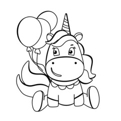 Funny unicorn with balloons coloring book. Cute cartoon pony character in black and white style. For postcards, posters, book illustrations. Vector illustration in doodle style.