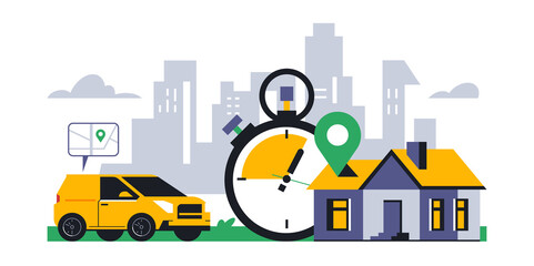 Obraz premium Online food delivery service to your home. Fast food delivery by courier car. Timer, stopwatch, time, address, map, street, route, gps, location, city. Vector illustration.