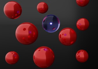 3d render of many red shiny sphere and 1 blue glowing glass sphere ball