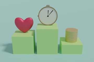 Time vs Love vs Money, 3D render of them on their 1st 2nd and 3rd place pedestals. 
