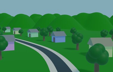 A 3d render of a cozy village with green trees and hills and small houses of different colors
