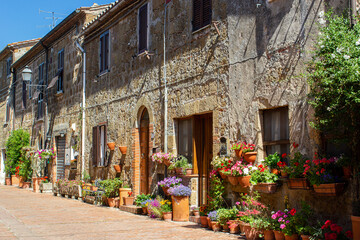 Fototapeta na wymiar Street and buildings of Sovana, little medieval town in Tuscany, Italy