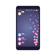 Mockup of mobile app with like live streaming. Interface photo frame design social media application network post template with flying multicolored hearts. Vector illustration for video chat, ui, web