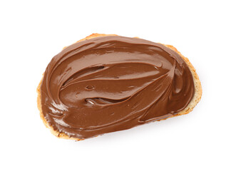 Bread with tasty chocolate spread on white background, top view
