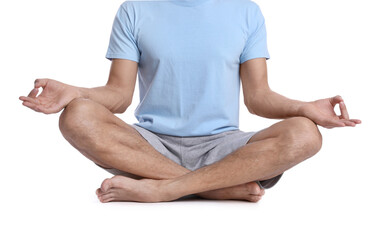 Man meditating on white background, closeup. Harmony and zen