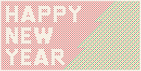 Happy new year typography banner. Abstract pattern with polka dot style, green, red and orange. Background design for card, cover, poster, backdrop, flyer, wallpaper, wall. Vector illustration.