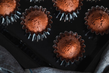 Freshly baked chocolate muffins. Muffins in baking form on tray at home. Flat lay.