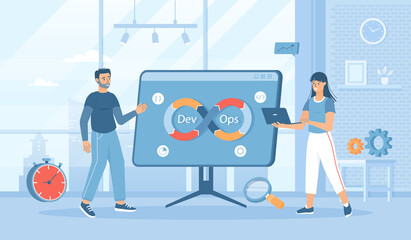 DevOps developers work with automation process in shape of infinity sign. Software development. Flat cartoon vector illustration with people characters for banner, website design or landing web page