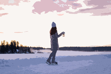 Skating Girl on lake looking at colorful sunrise with lantern