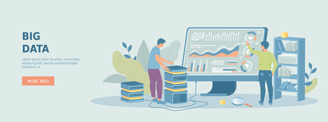 Big data processing, information storage, cloud services and analysis. Network digital technology concept. Promotional web banner. Cartoon flat vector illustration with people characters.