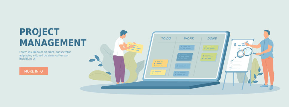 Project management, time planning, scheduling. Online app, to do list, project manager interface. Promotional web banner. Cartoon flat vector illustration with people characters.
