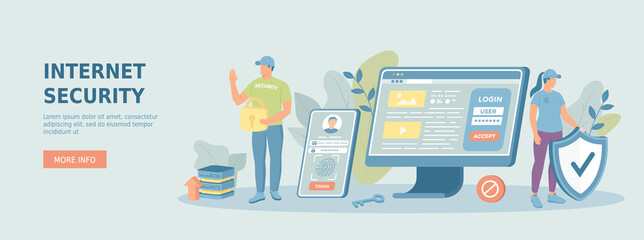 Internet security, data protecting. Online secured system. Password protection, touch id, face id. Promotional web banner. Cartoon flat vector illustration with people characters.