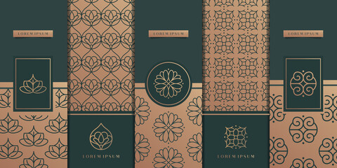 Vector set of design elements labels, icon, logo, frame, luxury packaging for the product. Vertical black cards on a gold background. Templates vintage ornament pattern logo.