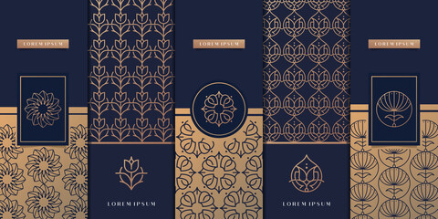 Vector set of design elements labels, icon, logo, frame, luxury packaging for the product. Vertical black cards on a gold background. Templates vintage ornament pattern logo.